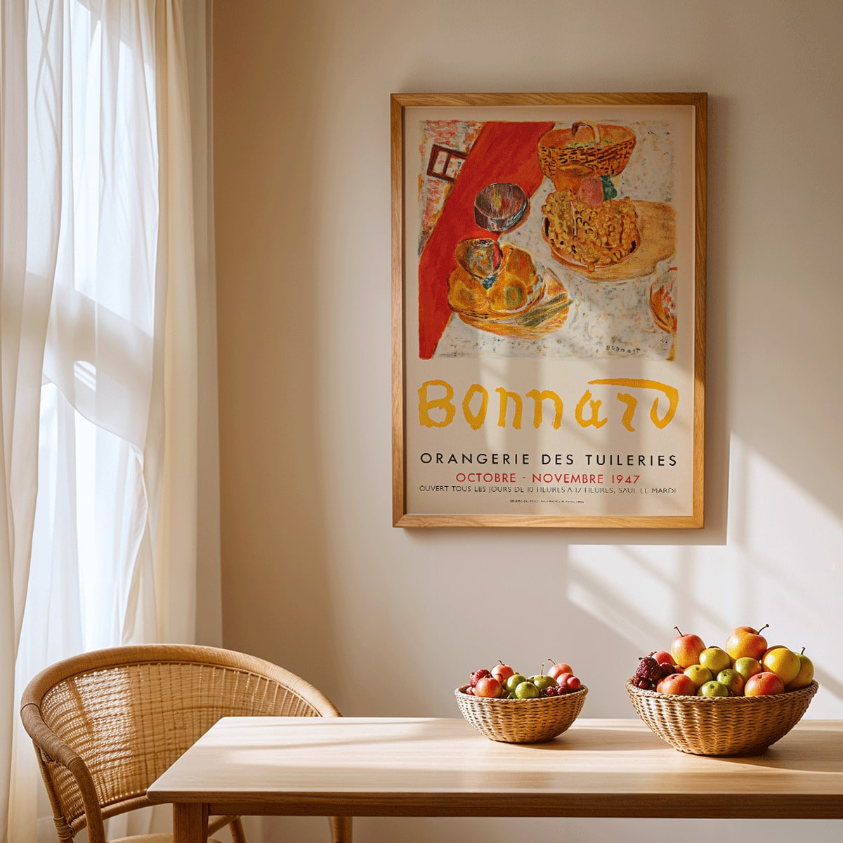 Poster for Exposition Bonnard at Orangerie des Tuileries featuring vibrant still life painting by artist Bonnard, framed and displayed in home decor