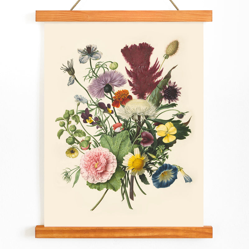 Colorful floral bouquet illustration and detailed still life poster by Herman Henstenburgh for home decor, with wooden magnetic frame on white background