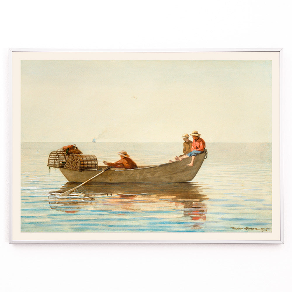 Closeup detail of Three boys in a rowboat with lobster pots on calm water painting by Winslow Homer titled Three Boys in a Dory with Lobster Pots