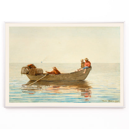 Closeup detail of Three boys in a rowboat with lobster pots on calm water painting by Winslow Homer titled Three Boys in a Dory with Lobster Pots