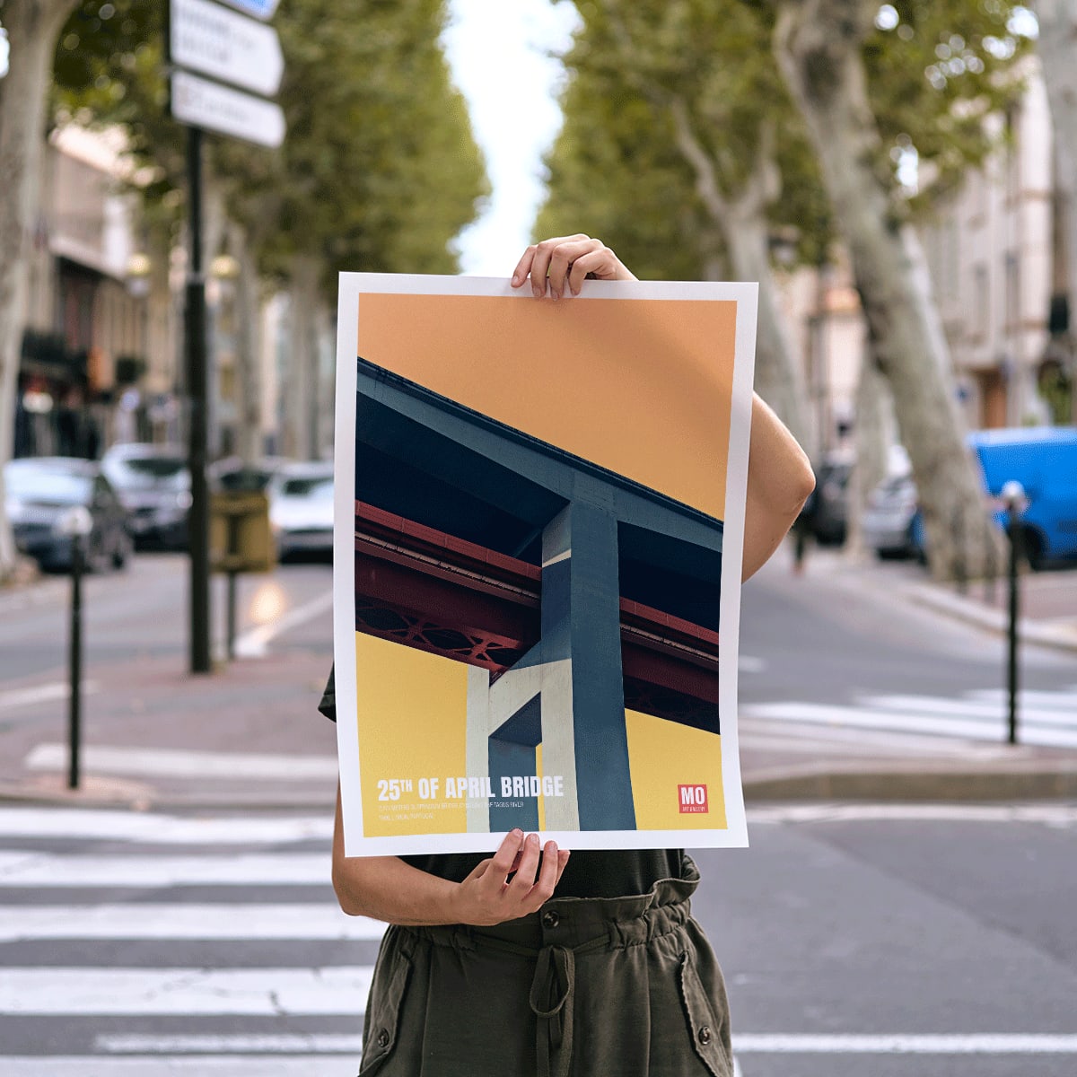 Abstract poster of 25th of April Bridge Lisbon by Mo Art Gallery with bold geometric design, framed and displayed in modern living room decor