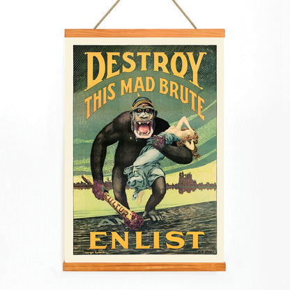 Destroy this mad brute by Harry Ryle Hopps poster featuring a gorilla holding a woman and a club labeled Kultur with enlistment message, with wooden magnetic frame on white background