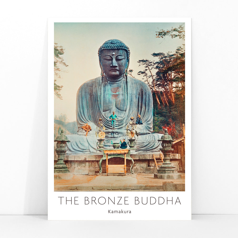 Bronze Buddha at Kamakura by Kazumasa Ogawa large outdoor statue with trees and altar in background, framed and displayed in modern living room decor