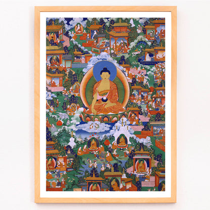 Shakyamuni Buddha in Avadana Legend Scenes painting and poster depicting life events teachings and surrounded by various figures in a vibrant detailed illustration, framed and displayed in modern living room decor