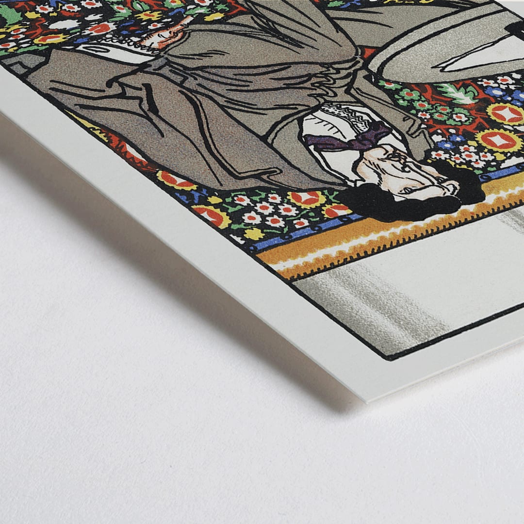 Closeup detail of Poster of a man lounging in an ornate Viennese café setting on a floral bench at a table titled Viennese Café The Man of Letters by Moriz Jung