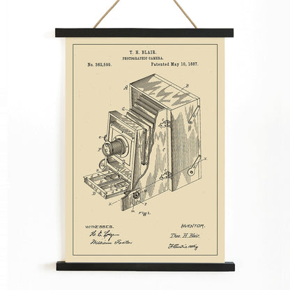 Vintage photographic camera patent diagram and detailed poster illustration by TH Blair, with wooden magnetic frame on white background