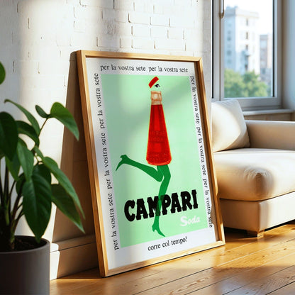 Campari Soda advertising posters by Franz Marangolo and Leonetto Cappiello featuring stylized bottles with green legs and walking on a green background, framed and displayed in modern living room decor