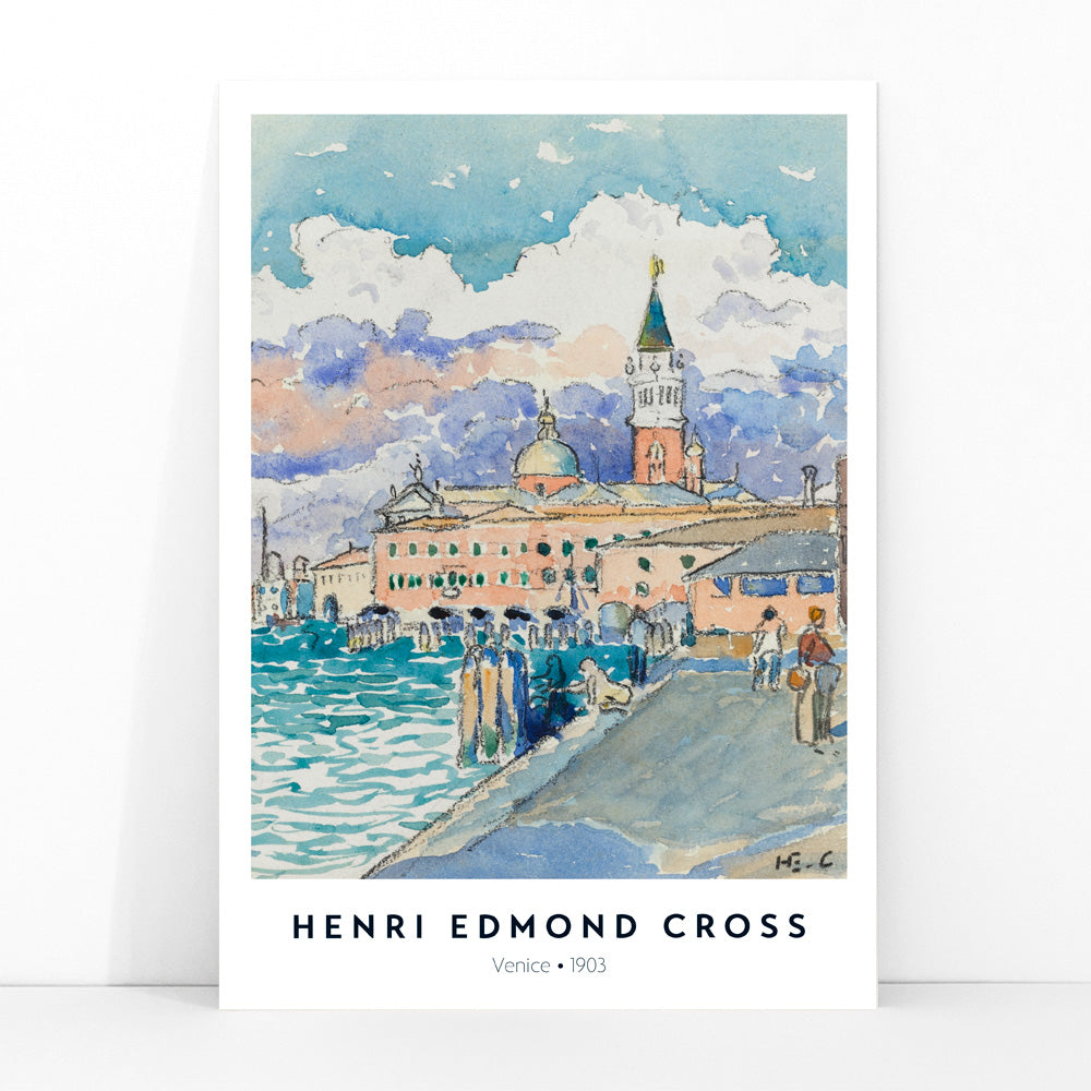 Venice waterfront artwork by Henri Edmond Cross featuring vibrant historic buildings and colorful sky poster, framed and displayed in modern living room decor