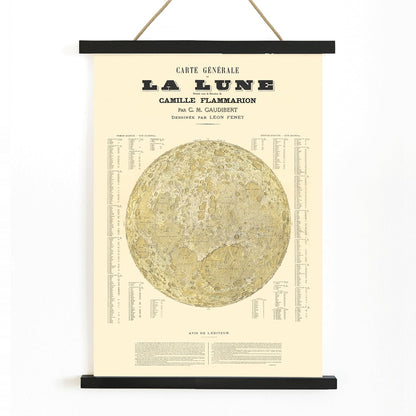 Carte Général de la Lune poster detailed lunar map by Camille Flammarion C M Gaudibert and Léon Fenet, with wooden magnetic frame on white background