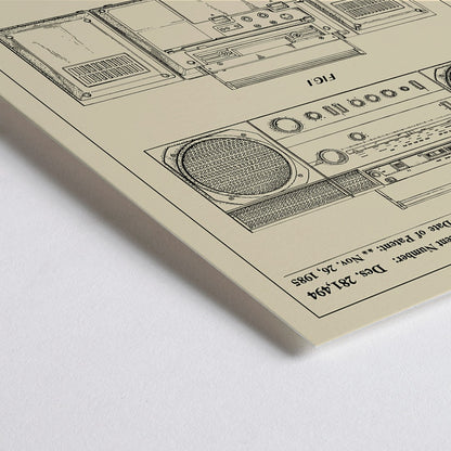 Closeup detail of Portable combined cassette player technical drawing and poster illustrations by Sujanani United States Patent detailed technical drawings