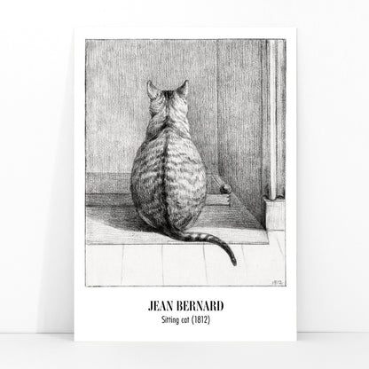 Detailed drawing poster of a sitting cat viewed from behind in a room artwork by Jean Bernard titled Sitting cat from behind, framed and displayed in modern living room decor