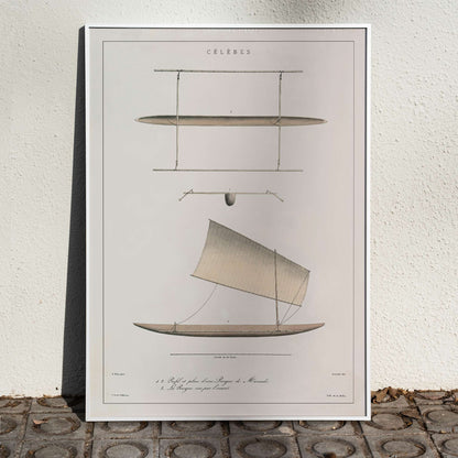 J. Tastu Celebes Canoe poster with minimalist canoe plan and side view in soft beige tones, framed and displayed in home decor