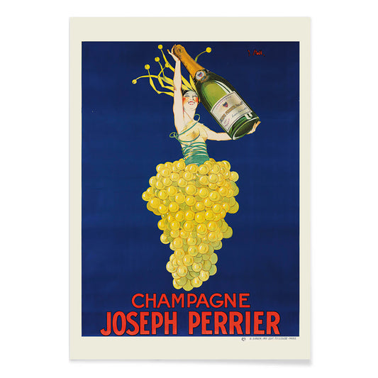 Woman in grape dress holding champagne bottle on blue background Champagne Joseph Perrier poster artwork by Joseph Stall, with black aluminium frame on white background