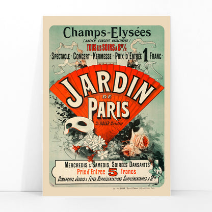 Vintage French poster by Jules Cheret featuring fan flowers bold Jardin De Paris text colorful flowers and masks Champs Elysees artwork, framed and displayed in modern living room decor