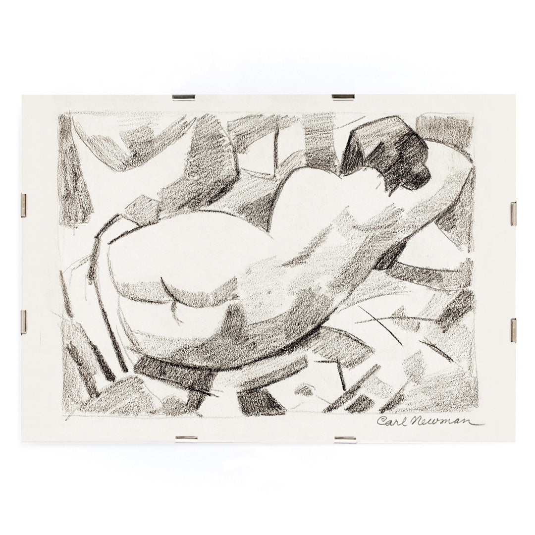 Charcoal sketch poster of reclining nude woman by Carl Newman featuring a black and white abstract figure, framed and displayed in modern living room decor