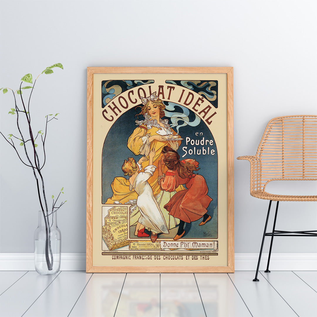 Vintage Art Nouveau poster Chocolat Ideal by Alphonse Mucha showing a woman serving hot chocolate to joyful children, framed and displayed in home decor