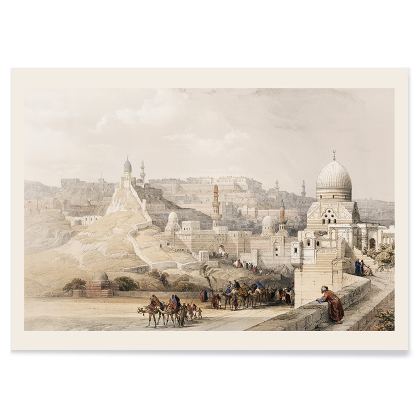 Historic view and poster of the Citadel of Cairo residence of Mehemet Ali with people camels and historical architecture by artist David Roberts, with black aluminium frame on white background