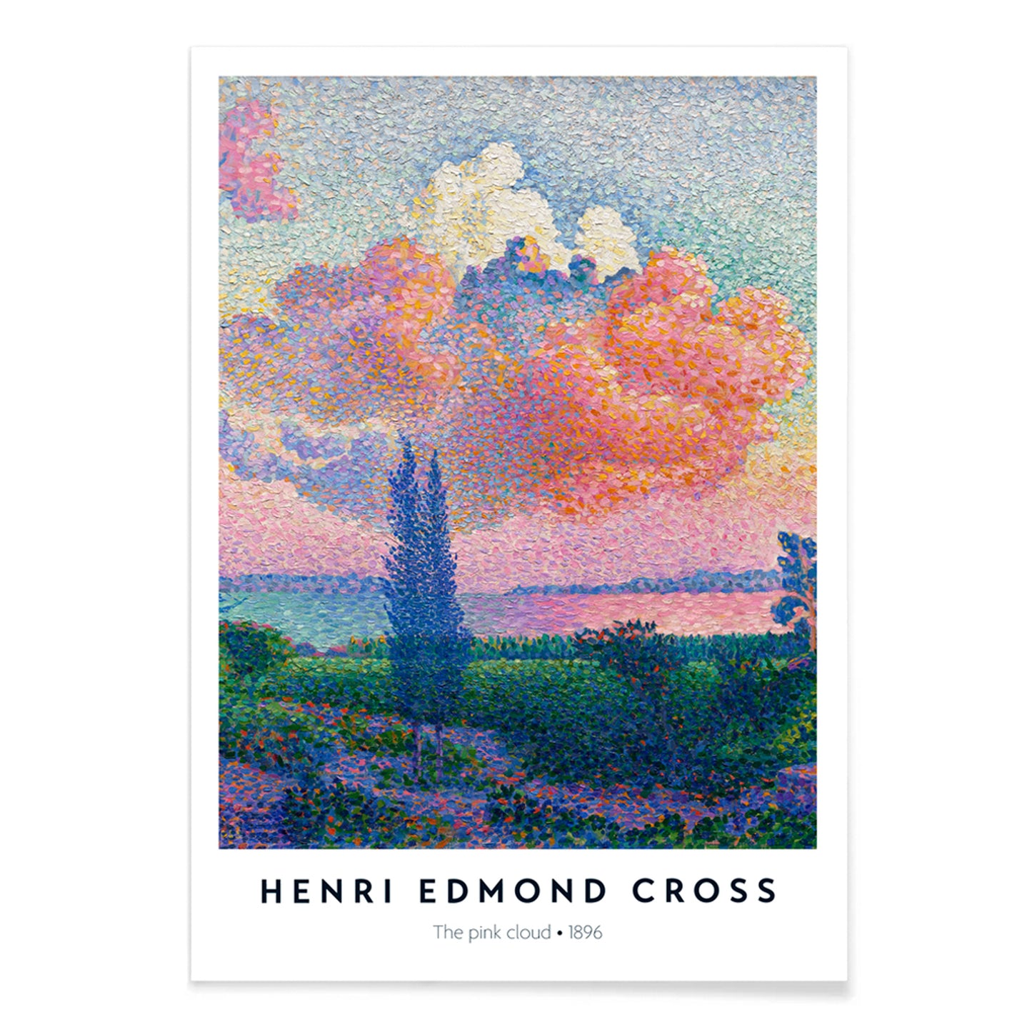Colorful landscape poster with a vivid pink cloud by Henri Edmond Cross titled The Pink Cloud, with black aluminium frame on white background