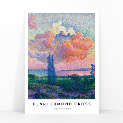 Colorful landscape poster with a vivid pink cloud by Henri Edmond Cross titled The Pink Cloud, framed and displayed in modern living room decor