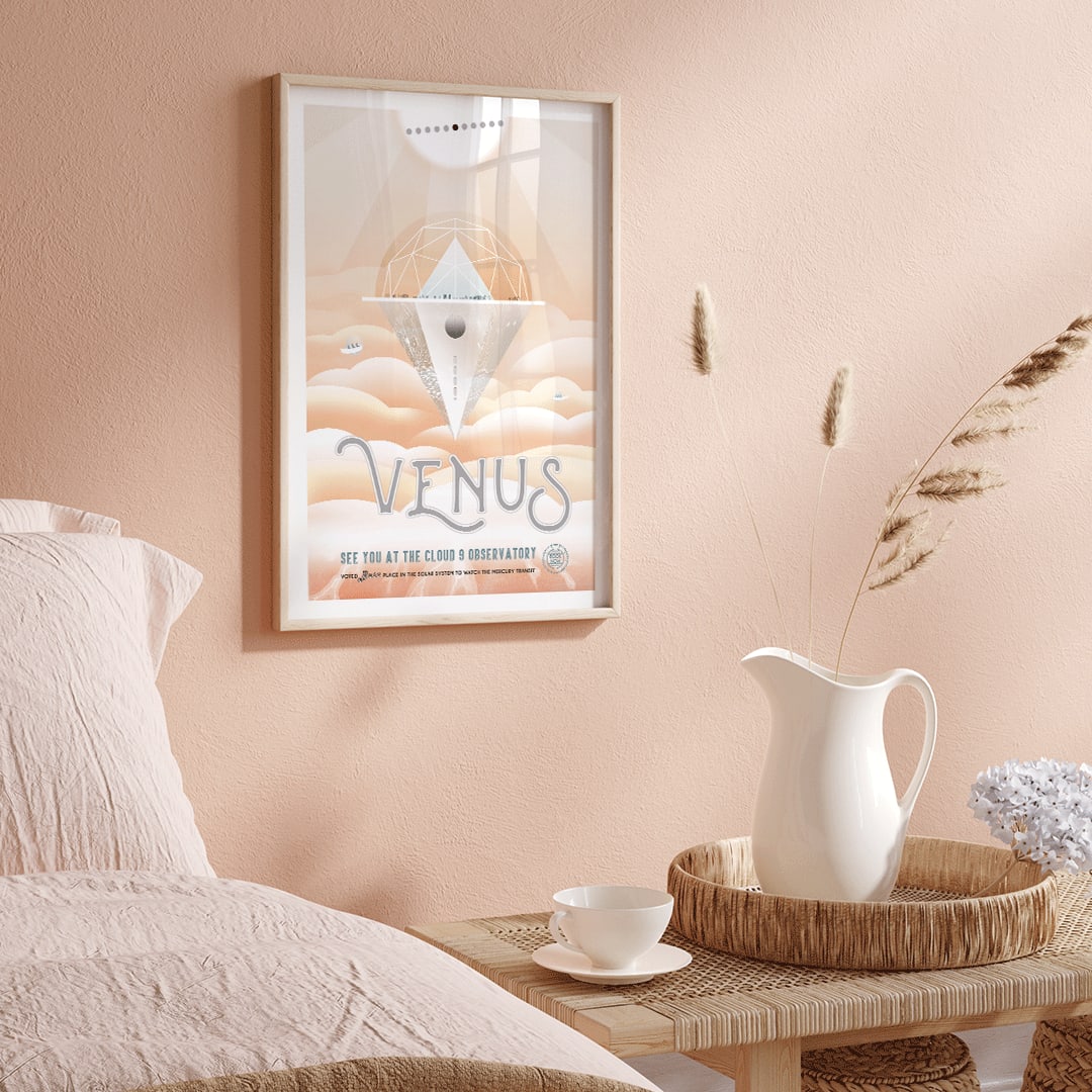 Futuristic observatory floating above orange Venus clouds artwork by NASA titled Venus Cloud 9 Observatory poster, framed and displayed in home decor