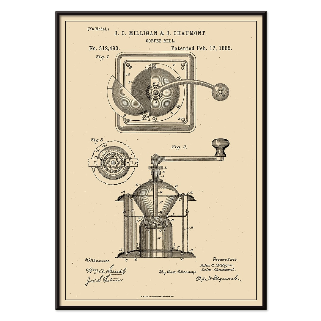 Detailed black and white illustration and patent poster of a mechanical coffee grinder by J C Milligan titled Coffee Mill showing detailed components, with black aluminium frame on white background