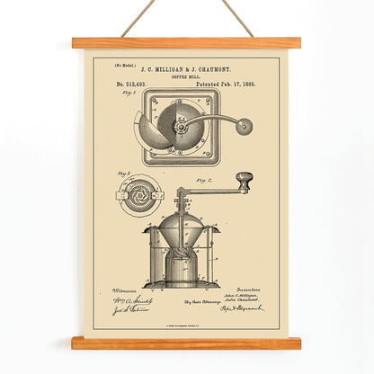 Detailed black and white illustration and patent poster of a mechanical coffee grinder by J C Milligan titled Coffee Mill showing detailed components, with wooden magnetic frame on white background