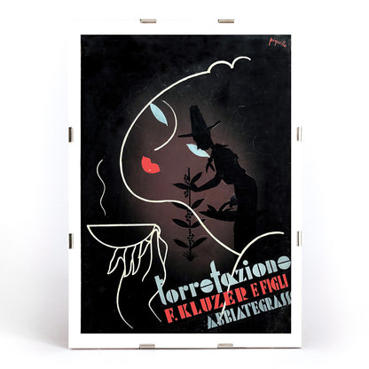 Abstract coffee-themed artwork and poster by Carlo Piquillo Pandolfi featuring stylized figures bold text coffee cup and face Torrefazione F Kluzer E Figli Abbiategrasso, framed and displayed in modern living room decor