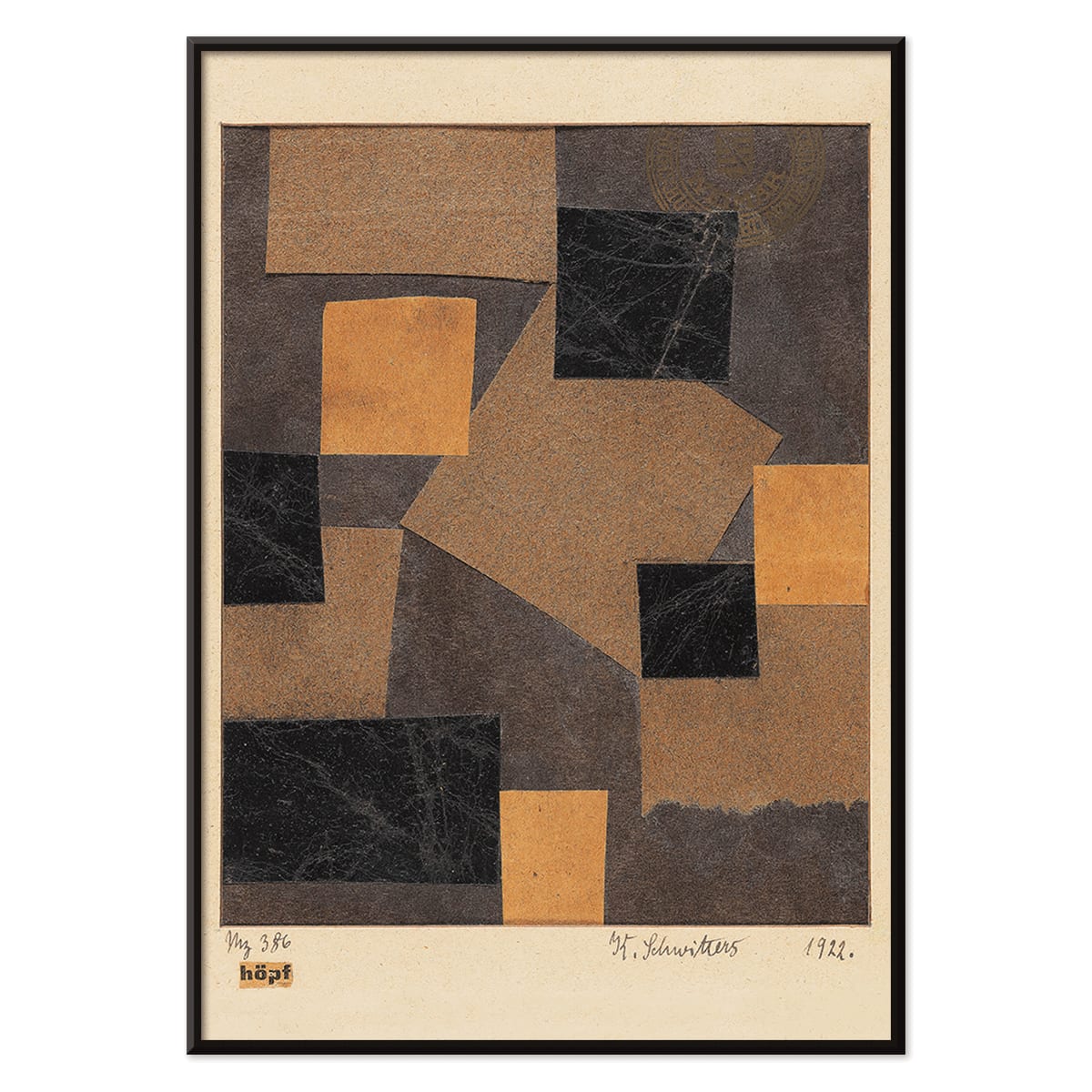 Abstract collage poster with black and brown geometric shapes by Kurt Schwitters Mz 386 Hopf Merzzeichnung, with wooden magnetic frame on white background