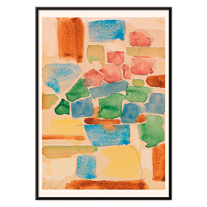 Floral Still Life by Alexej von Jawlensky abstract watercolor painting with vibrant geometric shapes in red blue and green tones, with black aluminium frame on white background