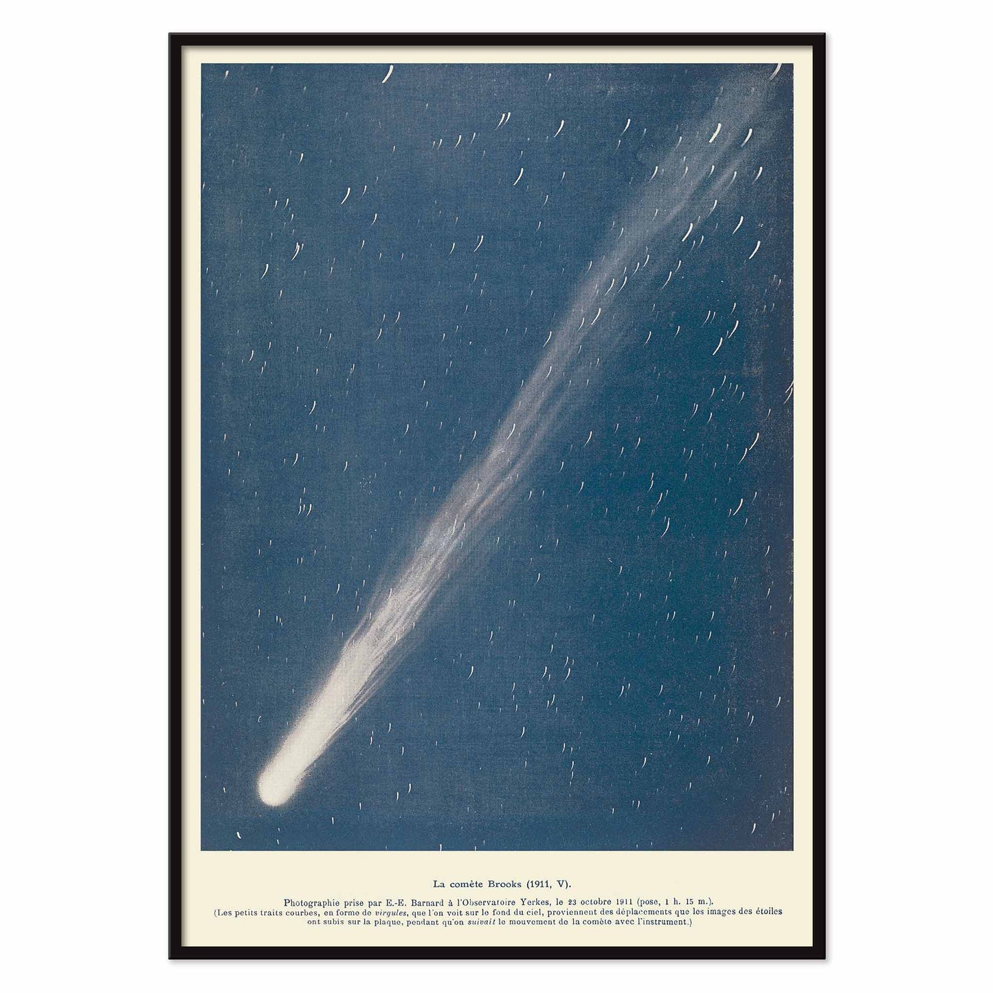 Brooks Comet by Lucien Rudaux poster with glowing white comet crossing a deep blue starry night sky, with black aluminium frame on white background