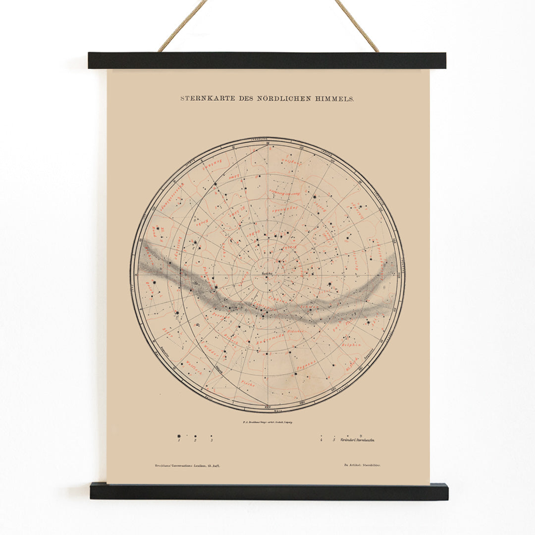 Vintage astronomy poster featuring a detailed map of northern sky stars titled Nothern Sky Star Poster by The Institute of Liepzig perfect for wall decor, with wooden magnetic frame on white background