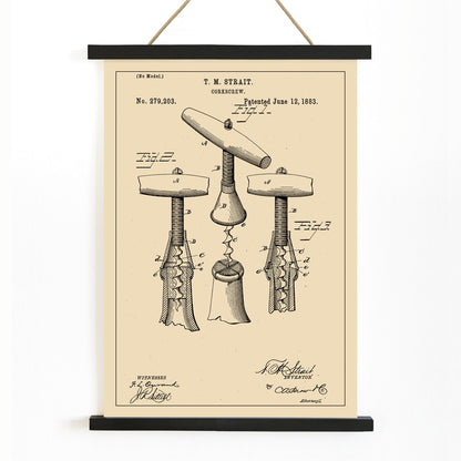 Corkscrew Patent by TM Strait technical drawing and signature poster featuring detailed diagrams and specifications of corkscrew invention, with wooden magnetic frame on white background