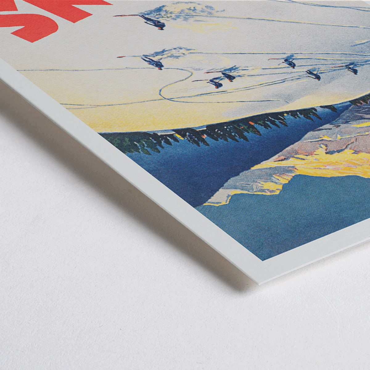 Closeup detail of Crans sur Sierre Switzerland Ski Poster by Martin Peikert with skiers descending snowy mountain slopes and vibrant mountain backdrop