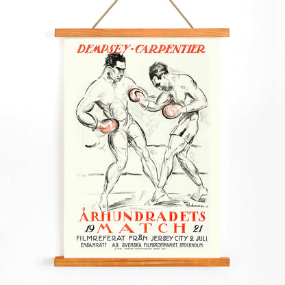 Boxing Match of the Century Dempsey Vs Carpentier illustration and poster by Eric Rohman showing two boxers mid fight with Swedish text, with wooden magnetic frame on white background