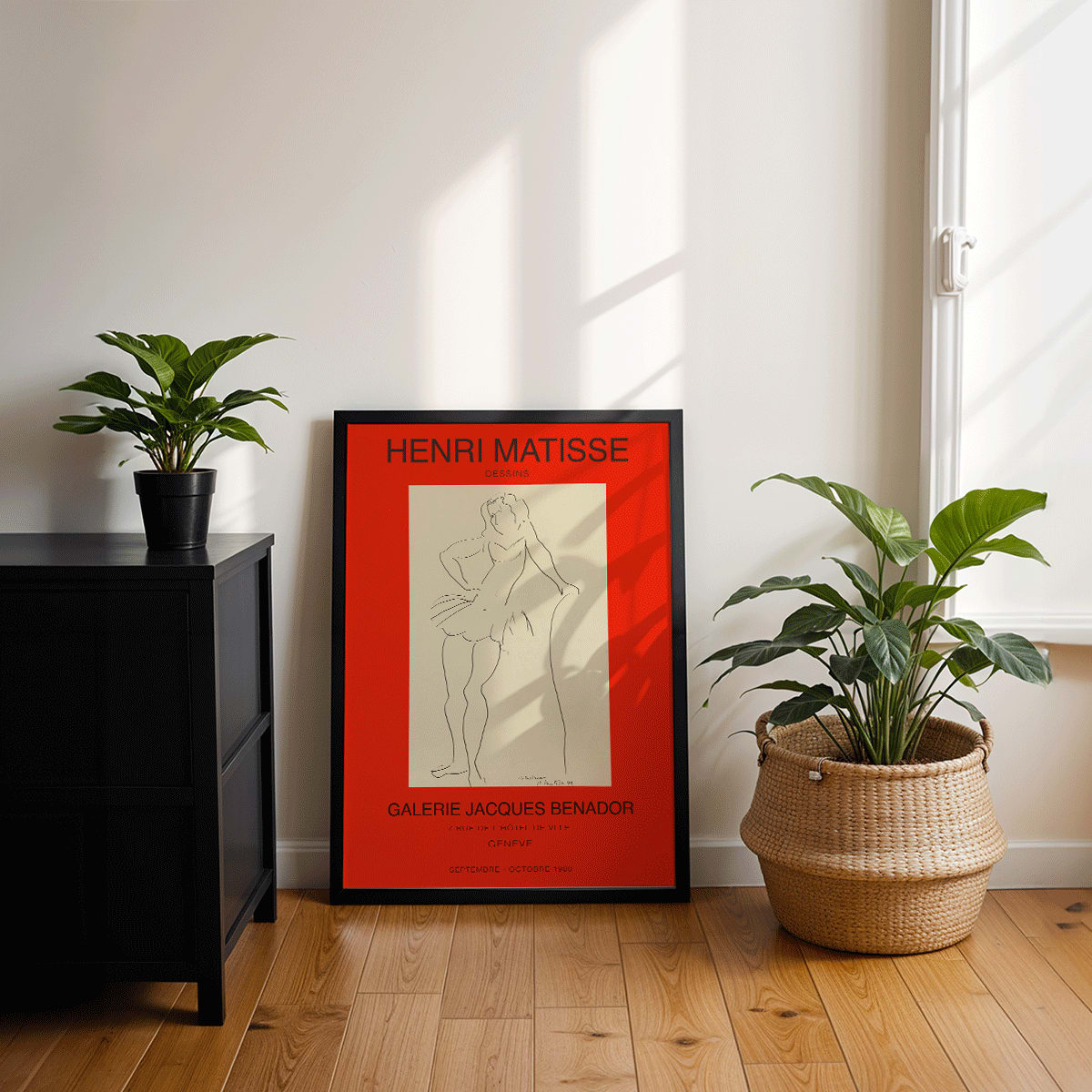 Henri Matisse minimalist line drawing of standing figure for Exposition Matisse poster at Galerie Jacques Benador Geneve exhibition, framed and displayed in modern living room decor