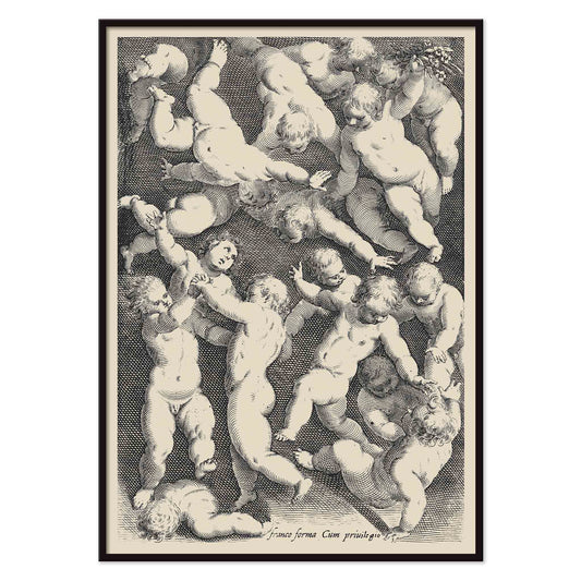 Jacopo Palma the Younger How to Draw Human Bodies poster with cherubs in varied poses and engraved hatching, with black aluminium frame on white background