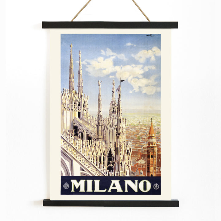 Milano cityscape and Duomo di Milano skyline illustrated by Allessandro Pomi in classic style artwork poster, with wooden magnetic frame on white background