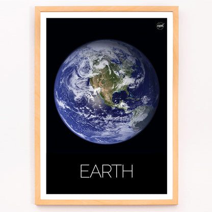 Stunning NASA image of Earth from space titled Earth from Space 1 on a black background poster, framed and displayed in modern living room decor