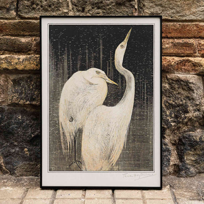 Two white herons depicted in artwork Twee zilverreigers by Theo van Hoytema poster suitable for wall decor against a dark background, framed and displayed in modern living room decor