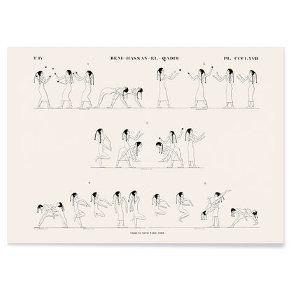 Ancient Egyptian wrestling scene and poster with line drawings from Tomb of Rotei north wall by Jean Francois Champollion, with black aluminium frame on white background
