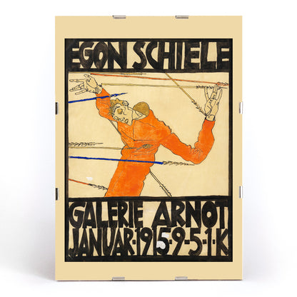Expressionist poster by Egon Schiele featuring a contorted orange figure with bold black text Schiele-Ausstellung in der Galerie Arnot, framed and displayed in modern living room decor