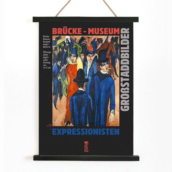 Colorful Berlin Street Scene at Brücke Museum by Ernst Kirchner featuring people in vibrant attire and expressionist artwork poster, with wooden magnetic frame on white background