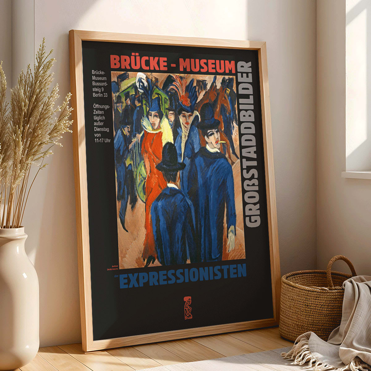 Colorful Berlin Street Scene at Brücke Museum by Ernst Kirchner featuring people in vibrant attire and expressionist artwork poster, framed and displayed in home decor
