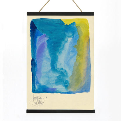 Abstract watercolor poster with vivid blue yellow green and purple tones titled Farbstudien 10 Blätter IV by Karl Wiener, with wooden magnetic frame on white background