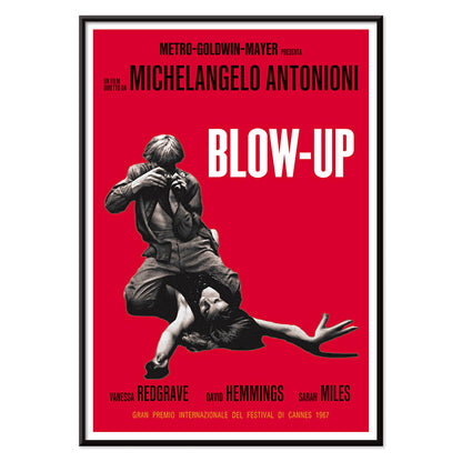 Michelangelo Antonioni Blow Up Movie poster with dramatic black and white photography and vibrant red background, with black aluminium frame on white background