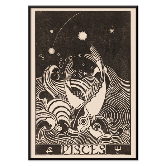 Black and white Pisces zodiac sign illustration with two stylized fish swimming among swirling waves artwork by Henri van der Stok, with black aluminium frame on white background