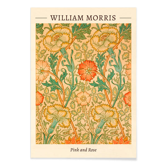 Floral pattern artwork Pink and Rose by William Morris with intricate botanical design decorative leaves and detailed flowers poster, with black aluminium frame on white background