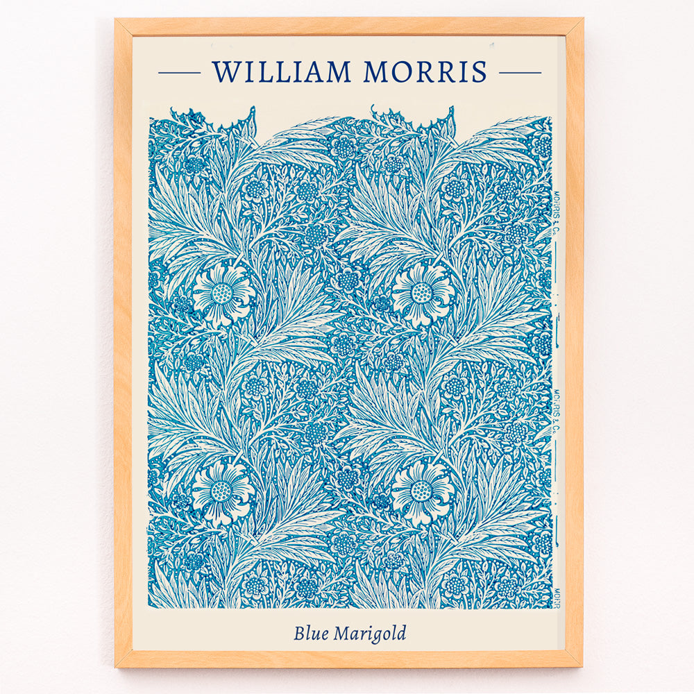 Closeup detail of Blue Marigold illustration by William Morris featuring intricate blue floral patterns and leafy designs poster and artwork