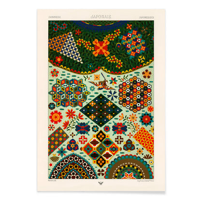 Colorful Japanese pattern artwork by Albert Racinet from Lornement Polychrome featuring intricate geometric and floral designs poster, with black aluminium frame on white background