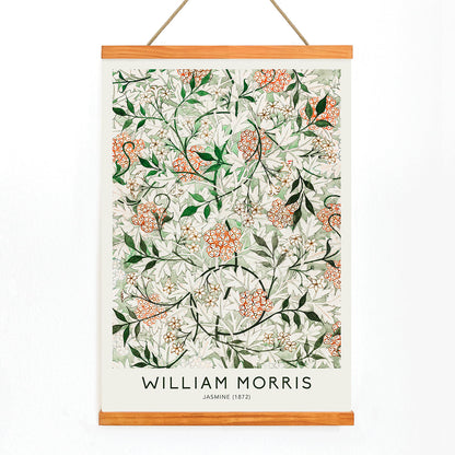 Floral botanical pattern of jasmine flowers and green orange leaves by William Morris artwork poster, with wooden magnetic frame on white background